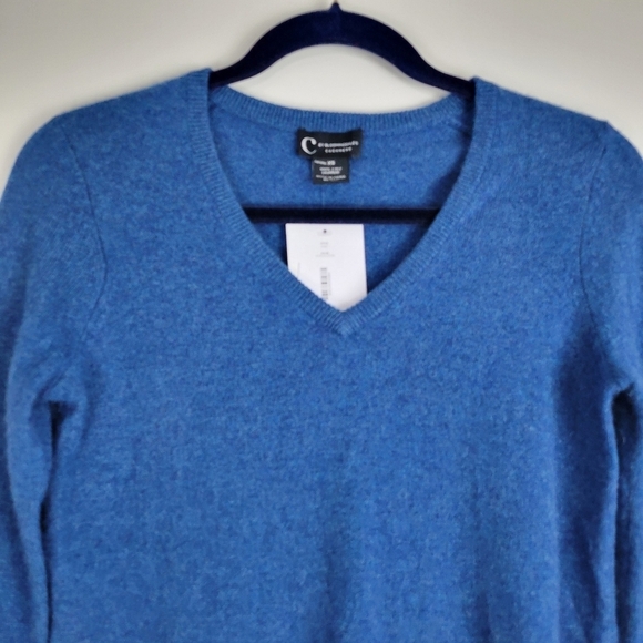 NWT C by Bloomingdale's V-Neck 100% 2-Ply Cashmere Sweater Heather Dark Ocean XS - Picture 7 of 12